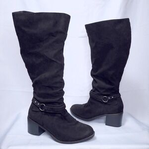 Torrid Slouchy Knee High Boots 10W Wide Width Block Heel Buckle Faux Suede Black